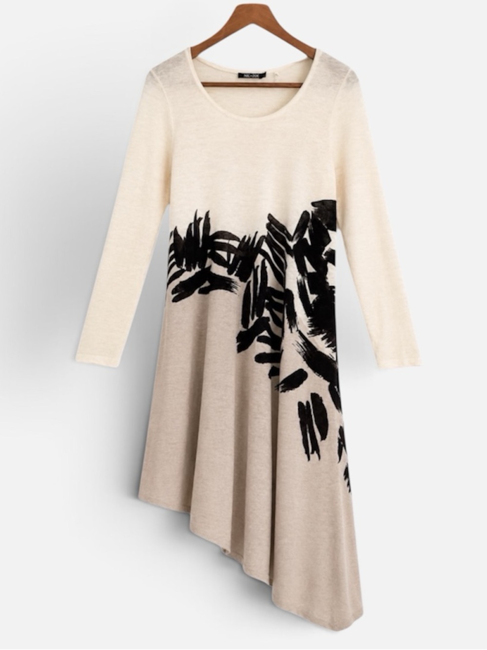 NIC+ZOE Cream, Beige and Black Brushstroke Asymmetrical Midi Dress